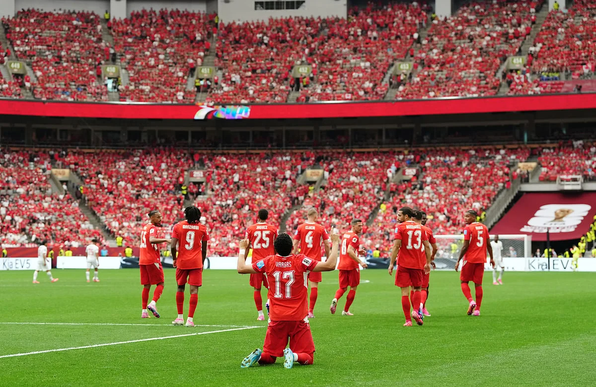 Switzerland players celebrate after taking the lead against Canada in their Group B World Cup 2026 clash at BC Place